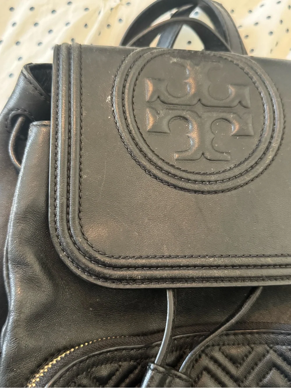 Tory Burch Black Quilted Front Pocket Leather Backpack with Tassels